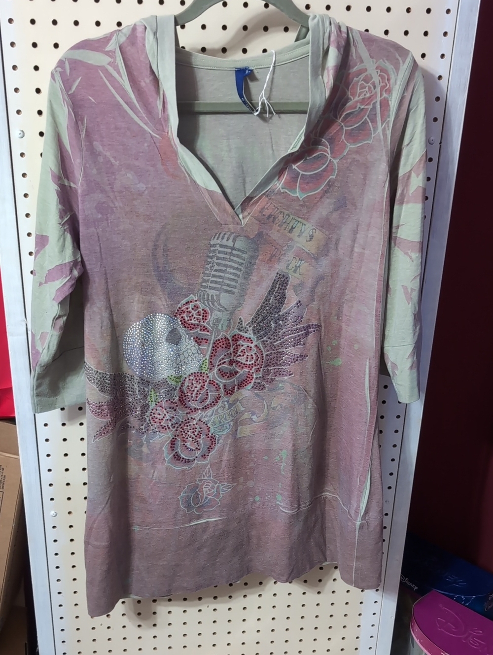 Women's Light Pink Floral Graphic V-Neck Tunic with Rhinestone Detail